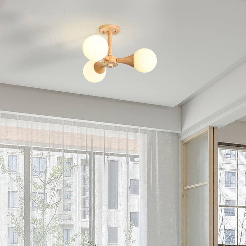 Nordic Style Ball Semi Flush Light White Glass Bedroom Flush Mount Ceiling Chandelier with Wood Canopy 3 White Clearhalo 'Ceiling Lights' 'Close To Ceiling Lights' 'Close to ceiling' 'Glass shade' 'Glass' 'Pendant Lights' 'Semi-flushmount' Lighting' 2236043