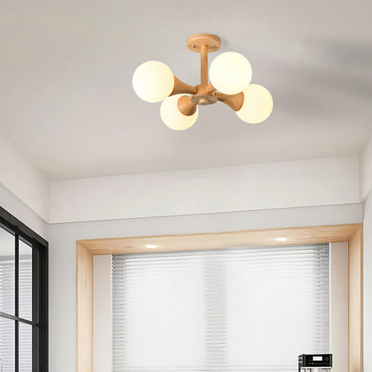 Nordic Style Ball Semi Flush Light White Glass Bedroom Flush Mount Ceiling Chandelier with Wood Canopy 4 White Clearhalo 'Ceiling Lights' 'Close To Ceiling Lights' 'Close to ceiling' 'Glass shade' 'Glass' 'Pendant Lights' 'Semi-flushmount' Lighting' 2236044