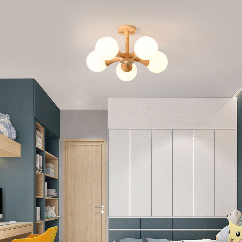 Nordic Style Ball Semi Flush Light White Glass Bedroom Flush Mount Ceiling Chandelier with Wood Canopy Clearhalo 'Ceiling Lights' 'Close To Ceiling Lights' 'Close to ceiling' 'Glass shade' 'Glass' 'Pendant Lights' 'Semi-flushmount' Lighting' 2236045