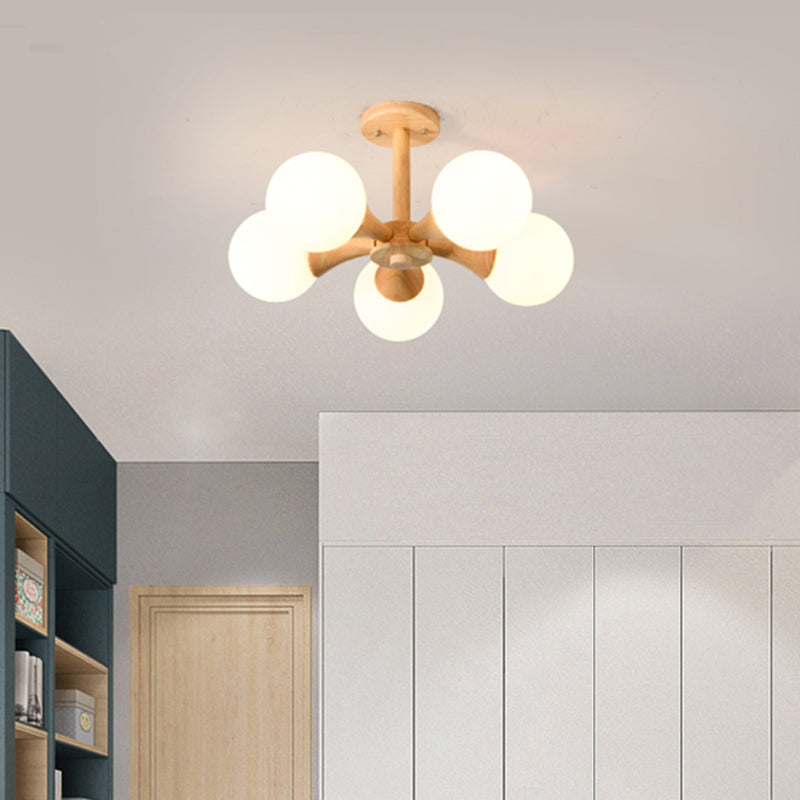 Nordic Style Ball Semi Flush Light White Glass Bedroom Flush Mount Ceiling Chandelier with Wood Canopy 5 White Clearhalo 'Ceiling Lights' 'Close To Ceiling Lights' 'Close to ceiling' 'Glass shade' 'Glass' 'Pendant Lights' 'Semi-flushmount' Lighting' 2236046