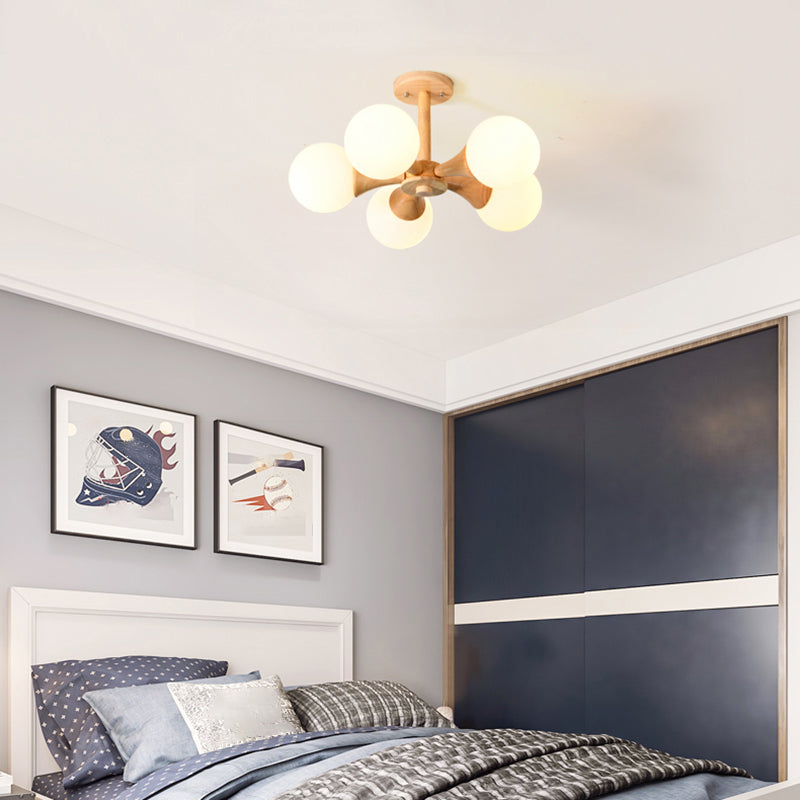 Nordic Style Ball Semi Flush Light White Glass Bedroom Flush Mount Ceiling Chandelier with Wood Canopy Clearhalo 'Ceiling Lights' 'Close To Ceiling Lights' 'Close to ceiling' 'Glass shade' 'Glass' 'Pendant Lights' 'Semi-flushmount' Lighting' 2236047