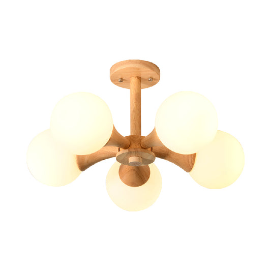 Nordic Style Ball Semi Flush Light White Glass Bedroom Flush Mount Ceiling Chandelier with Wood Canopy Clearhalo 'Ceiling Lights' 'Close To Ceiling Lights' 'Close to ceiling' 'Glass shade' 'Glass' 'Pendant Lights' 'Semi-flushmount' Lighting' 2236049