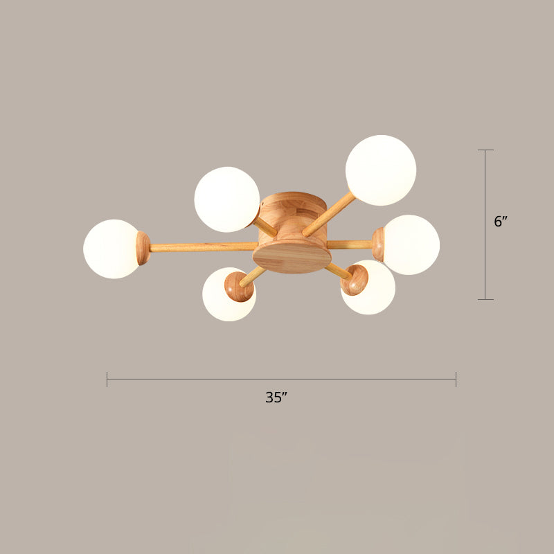 Bubble Semi Flush Minimalist Frosted Glass Bedroom Ceiling Mount Chandelier in Wood 6 Wood Clearhalo 'Ceiling Lights' 'Close To Ceiling Lights' 'Close to ceiling' 'Semi-flushmount' Lighting' 2236057