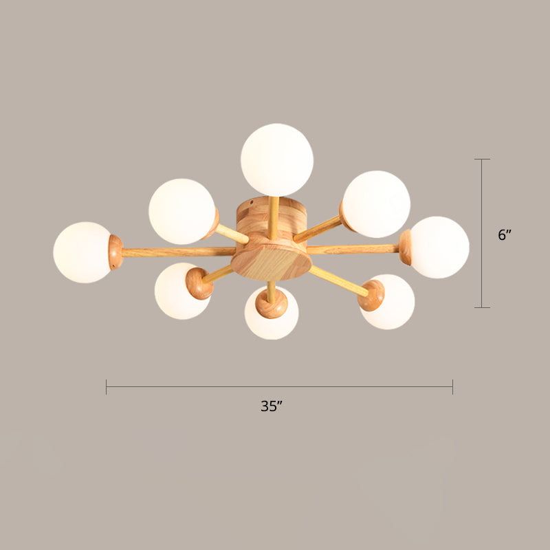 Bubble Semi Flush Minimalist Frosted Glass Bedroom Ceiling Mount Chandelier in Wood 8 Wood Clearhalo 'Ceiling Lights' 'Close To Ceiling Lights' 'Close to ceiling' 'Semi-flushmount' Lighting' 2236058