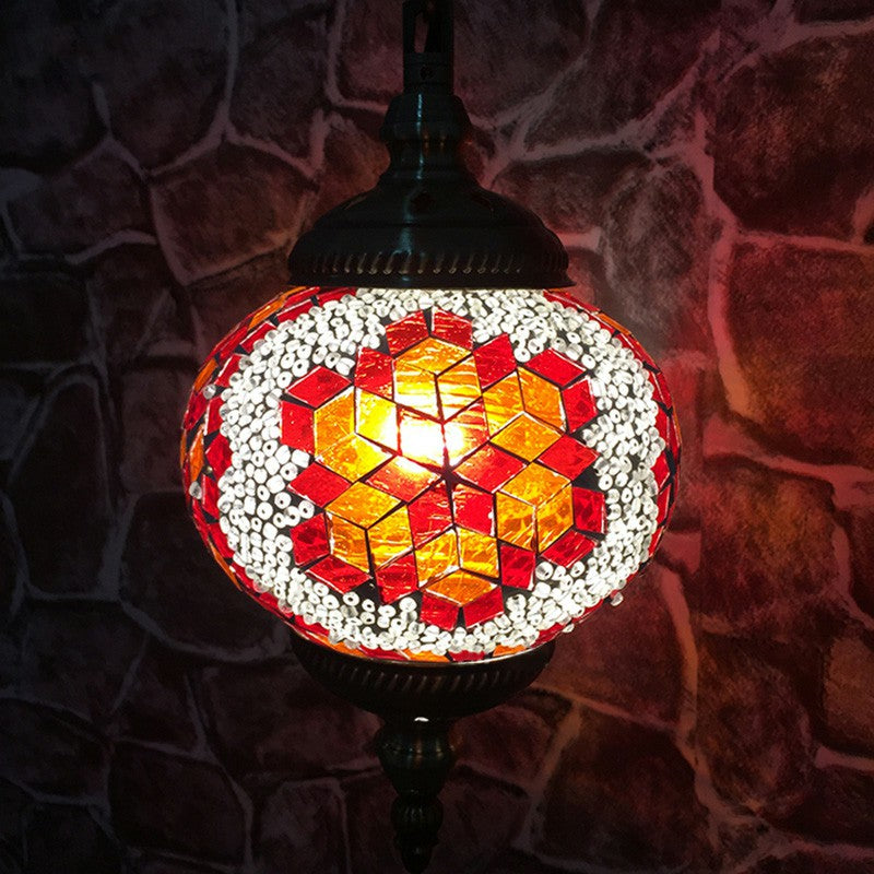 Oblate Stained Glass Ceiling Light Classic 1 Bulb Restaurant Hanging Pendant Light Red-White Clearhalo 'Ceiling Lights' 'Lighting' 'Pendant Lights' 2236136_4d6e4184-92d8-48aa-8ec7-8d2cb3d78ebd