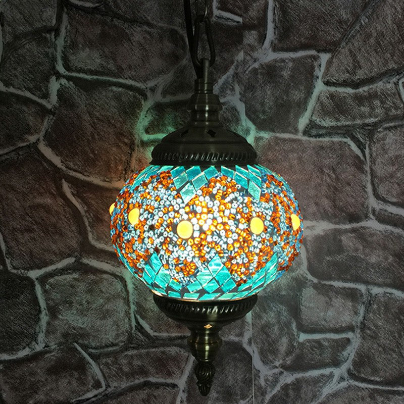 Oblate Stained Glass Ceiling Light Classic 1 Bulb Restaurant Hanging Pendant Light Light Blue Clearhalo 'Ceiling Lights' 'Lighting' 'Pendant Lights' 2236146_1c17b5f7-2559-47f1-a3d9-8412b954c4a1