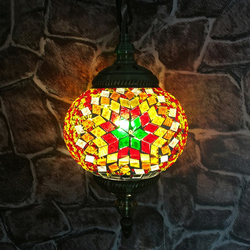 Oblate Stained Glass Ceiling Light Classic 1 Bulb Restaurant Hanging Pendant Light Red-Yellow Clearhalo 'Ceiling Lights' 'Lighting' 'Pendant Lights' 2236148_6505c0d8-05e8-401e-9f5d-2a90332c3fca