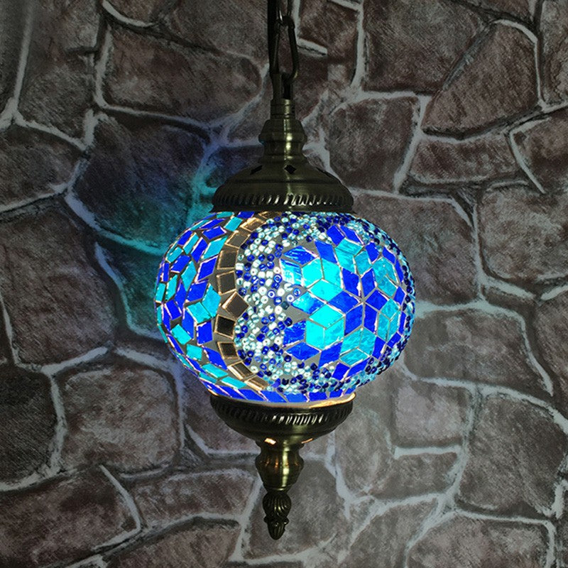 Oblate Stained Glass Ceiling Light Classic 1 Bulb Restaurant Hanging Pendant Light Blue Clearhalo 'Ceiling Lights' 'Lighting' 'Pendant Lights' 2236152_55906ffd-f13d-4991-9fe3-5c5271073535