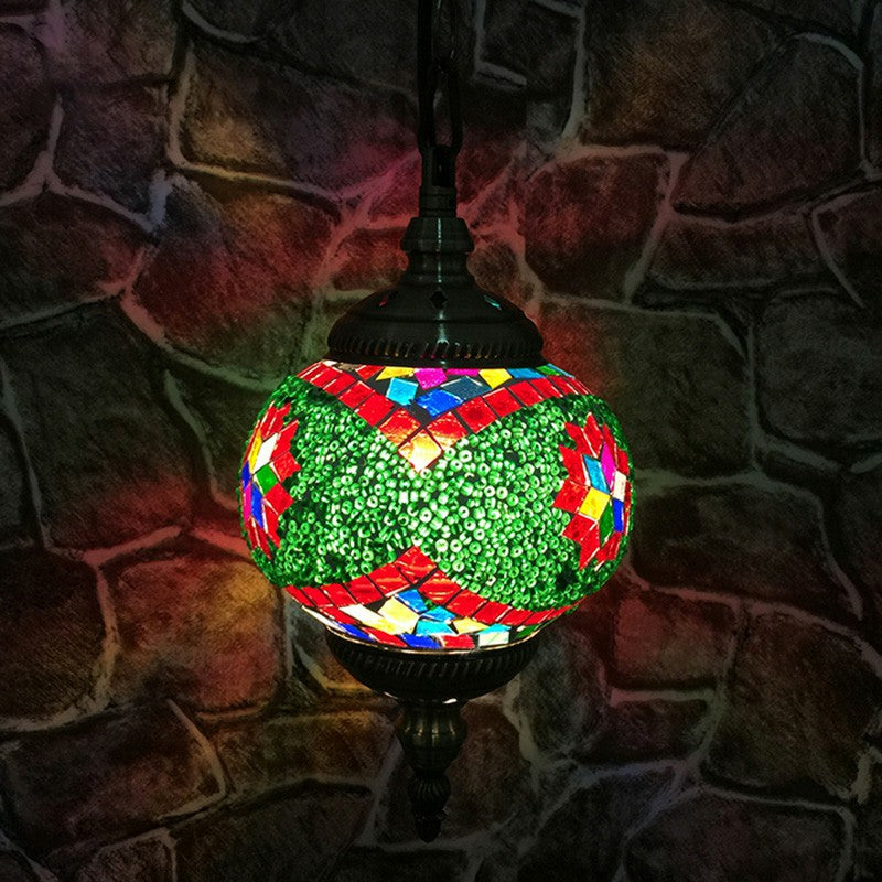 Oblate Stained Glass Ceiling Light Classic 1 Bulb Restaurant Hanging Pendant Light Green-Red Clearhalo 'Ceiling Lights' 'Lighting' 'Pendant Lights' 2236154_b95b0958-f8a1-44e5-a926-389252f08ef4