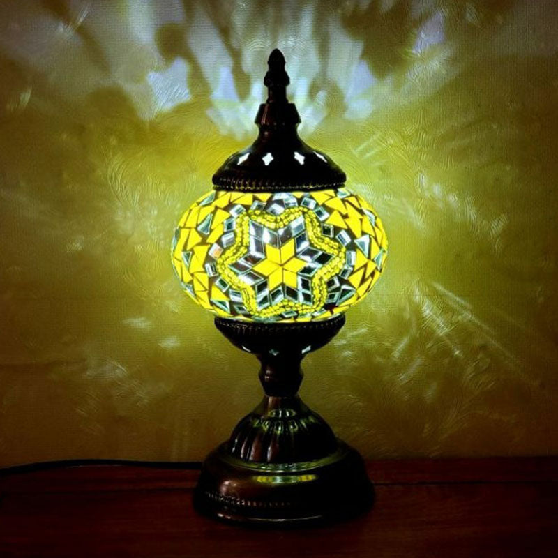 Turkish Oblate Nightstand Lamp Single-Bulb Stained Glass Table Light for Restaurant Fluorescent Yellow Clearhalo 'Lamps' 'Table Lamps' Lighting' 2236286