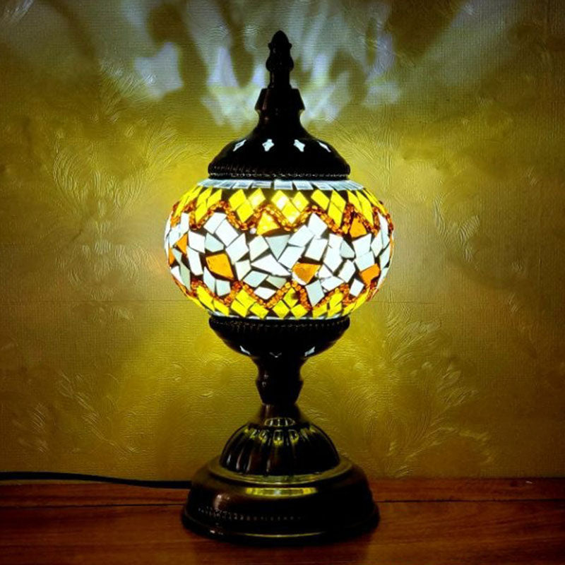 Turkish Oblate Nightstand Lamp Single-Bulb Stained Glass Table Light for Restaurant White-Yellow Clearhalo 'Lamps' 'Table Lamps' Lighting' 2236290
