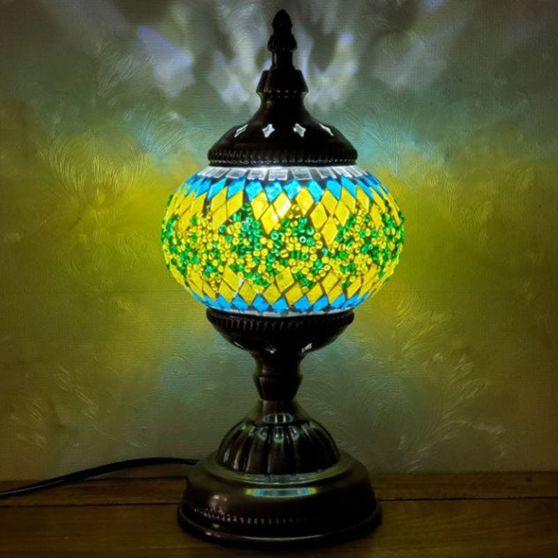 Turkish Oblate Nightstand Lamp Single-Bulb Stained Glass Table Light for Restaurant Yellow-Green Clearhalo 'Lamps' 'Table Lamps' Lighting' 2236292