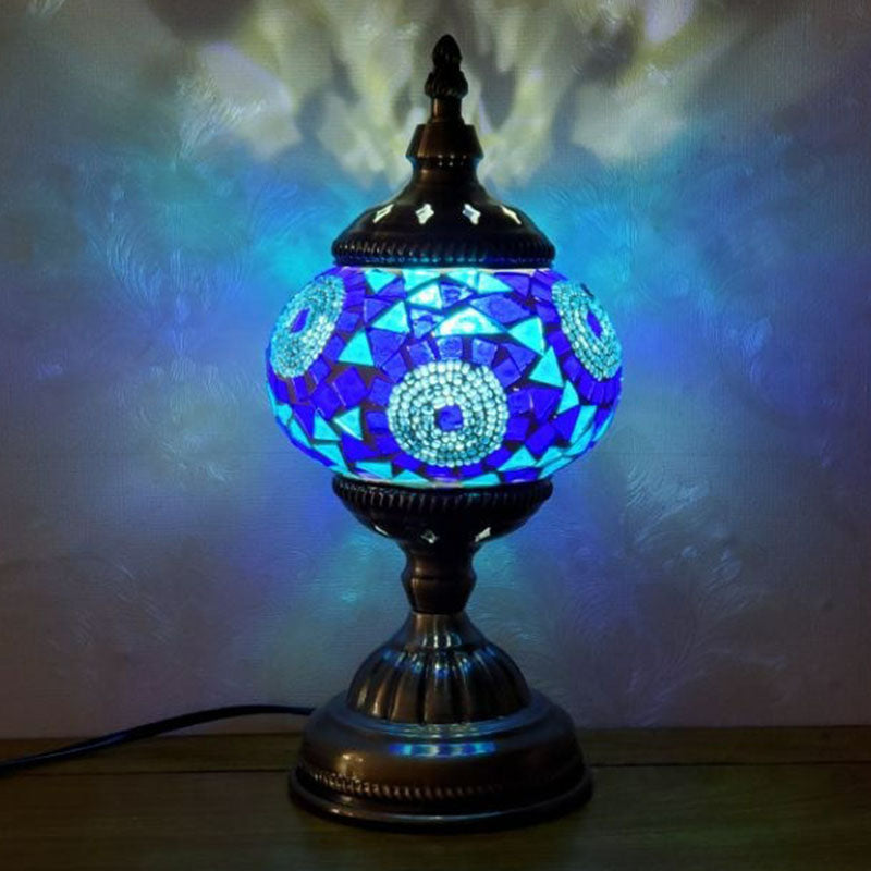 Turkish Oblate Nightstand Lamp Single-Bulb Stained Glass Table Light for Restaurant Navy Clearhalo 'Lamps' 'Table Lamps' Lighting' 2236293