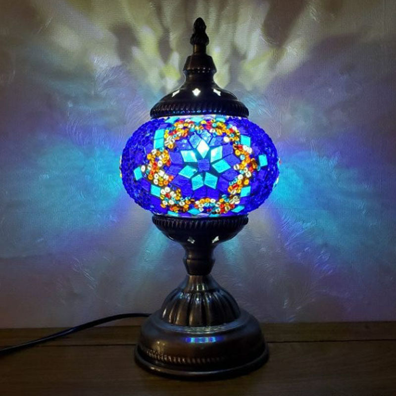 Turkish Oblate Nightstand Lamp Single-Bulb Stained Glass Table Light for Restaurant Blue-Black Clearhalo 'Lamps' 'Table Lamps' Lighting' 2236294