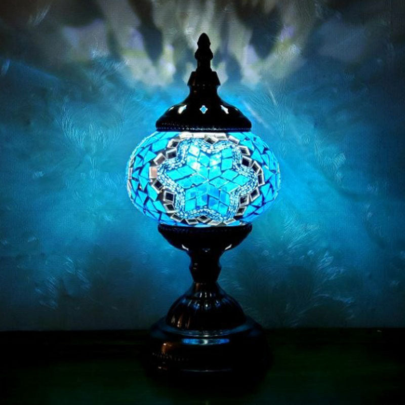 Turkish Oblate Nightstand Lamp Single-Bulb Stained Glass Table Light for Restaurant Blue Clearhalo 'Lamps' 'Table Lamps' Lighting' 2236297
