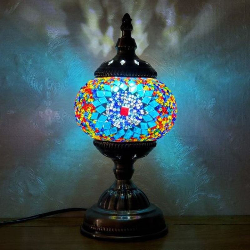 Turkish Oblate Nightstand Lamp Single-Bulb Stained Glass Table Light for Restaurant Blue-White Clearhalo 'Lamps' 'Table Lamps' Lighting' 2236301