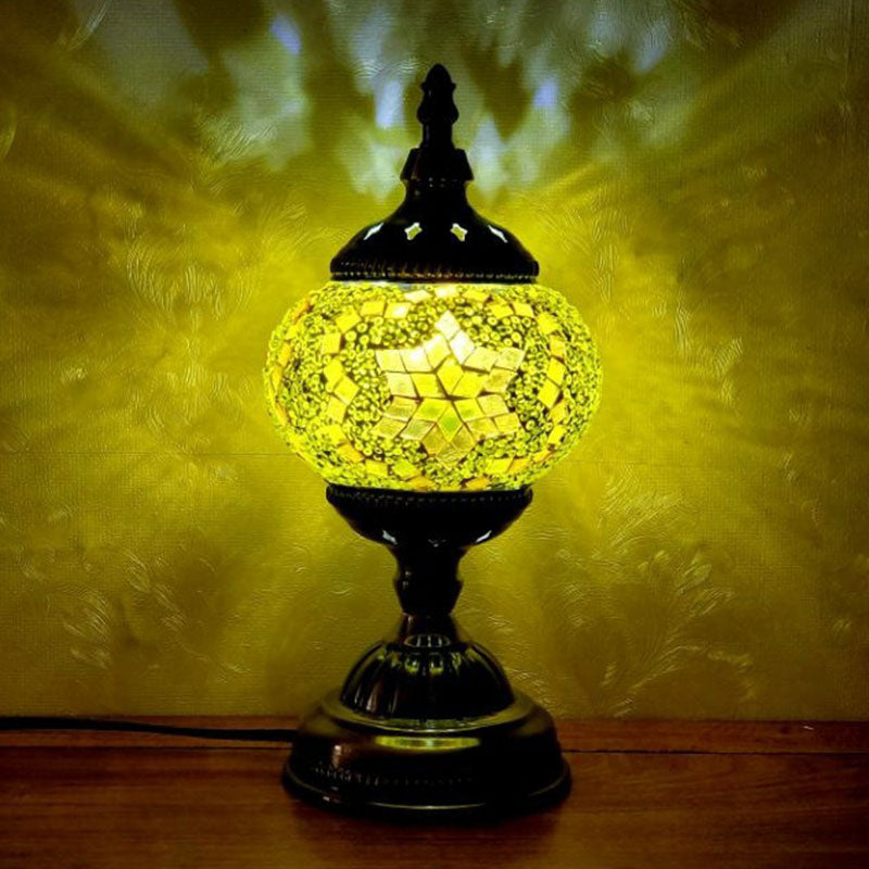 Turkish Oblate Nightstand Lamp Single-Bulb Stained Glass Table Light for Restaurant Yellow-Brown Clearhalo 'Lamps' 'Table Lamps' Lighting' 2236302