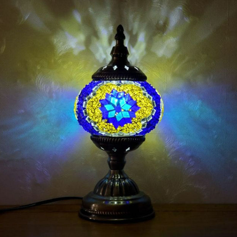 Turkish Oblate Nightstand Lamp Single-Bulb Stained Glass Table Light for Restaurant Yellow-Blue Clearhalo 'Lamps' 'Table Lamps' Lighting' 2236305