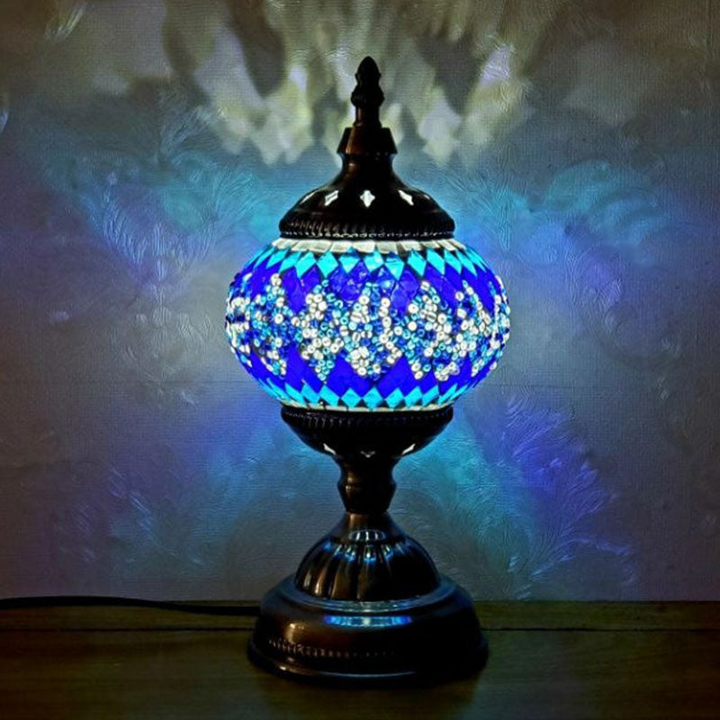 Turkish Oblate Nightstand Lamp Single-Bulb Stained Glass Table Light for Restaurant Dark Blue Clearhalo 'Lamps' 'Table Lamps' Lighting' 2236306