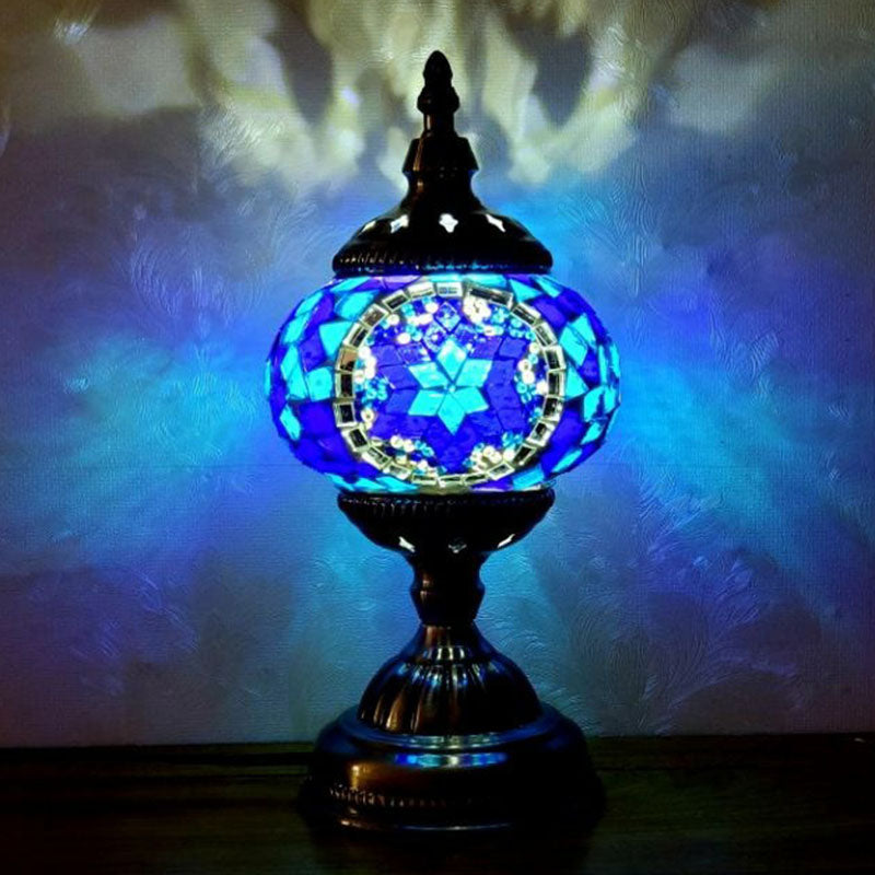 Turkish Oblate Nightstand Lamp Single-Bulb Stained Glass Table Light for Restaurant Royal Blue Clearhalo 'Lamps' 'Table Lamps' Lighting' 2236307