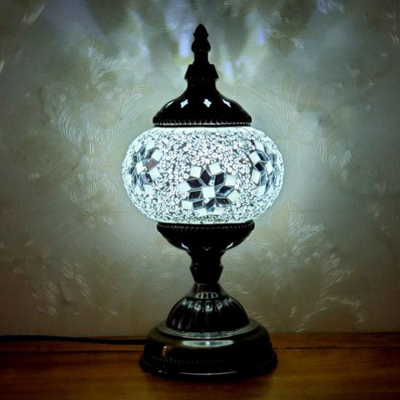 Turkish Oblate Nightstand Lamp Single-Bulb Stained Glass Table Light for Restaurant White Clearhalo 'Lamps' 'Table Lamps' Lighting' 2236308