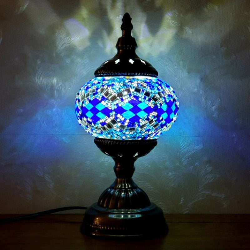 Turkish Oblate Nightstand Lamp Single-Bulb Stained Glass Table Light for Restaurant Light Blue Clearhalo 'Lamps' 'Table Lamps' Lighting' 2236312