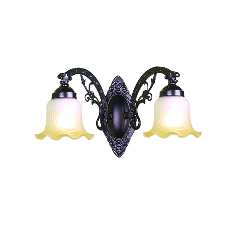 Floral Bedroom Wall Lighting Retro Frosted Glass 1/2 Lights Black Wall Sconce Light with Metal Curvy Arm Clearhalo 'Wall Lamps & Sconces' 'Wall Lights' Lighting' 223812