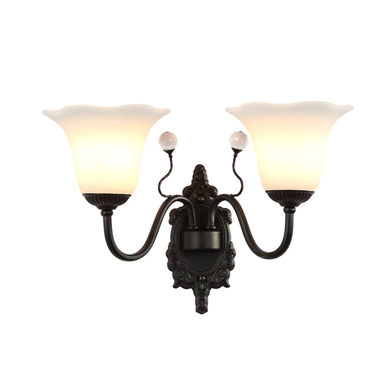 Ivory Glass Black Wall Lamp Flower 1/2-Light Rustic Wall Mount Light Fixture with Crystal Accent for Hall Clearhalo 'Wall Lamps & Sconces' 'Wall Lights' Lighting' 223885