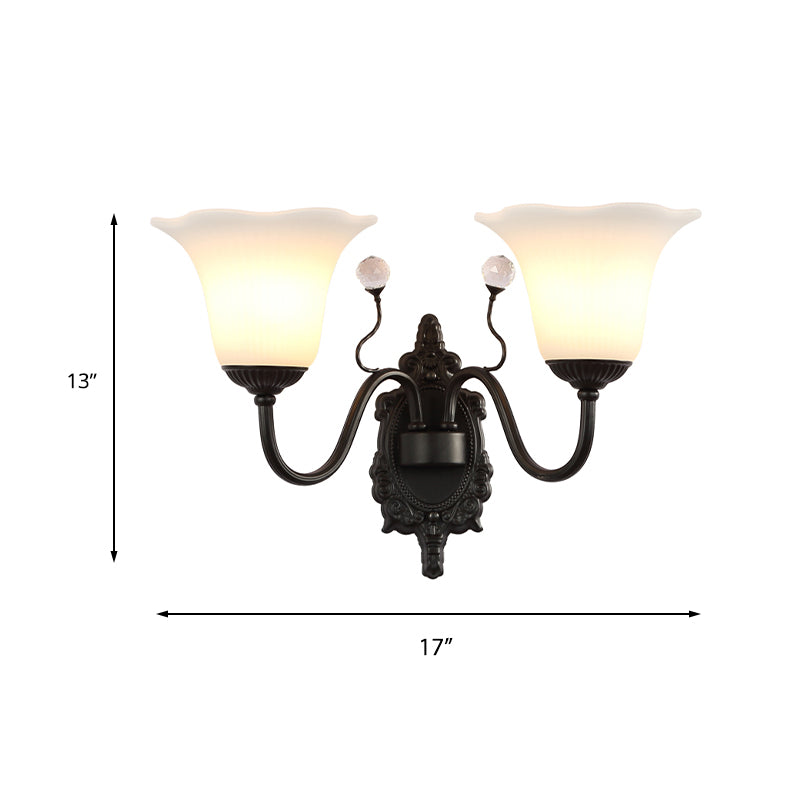 Ivory Glass Black Wall Lamp Flower 1/2-Light Rustic Wall Mount Light Fixture with Crystal Accent for Hall Clearhalo 'Wall Lamps & Sconces' 'Wall Lights' Lighting' 223886