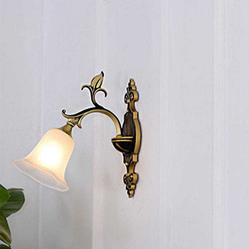 Frosted Glass Gold Wall Sconce Flower 1/2-Light Modern Wall Mount Light Fixture with Curved Arm for Foyer 1.0 Gold Clearhalo 'Wall Lamps & Sconces' 'Wall Lights' Lighting' 223891