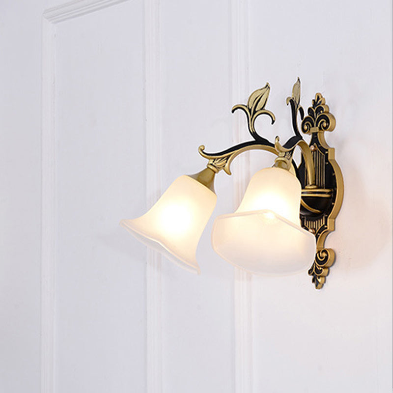 Frosted Glass Gold Wall Sconce Flower 1/2-Light Modern Wall Mount Light Fixture with Curved Arm for Foyer 2.0 Gold Clearhalo 'Wall Lamps & Sconces' 'Wall Lights' Lighting' 223895
