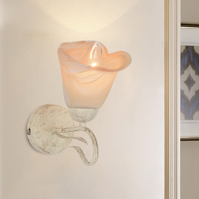 Frosted Glass Distressed White Sconce Floral Single Light Traditional Wall Mount Light with Round Backplate for Bedroom Distressed White Clearhalo 'Wall Lamps & Sconces' 'Wall Lights' Lighting' 223900