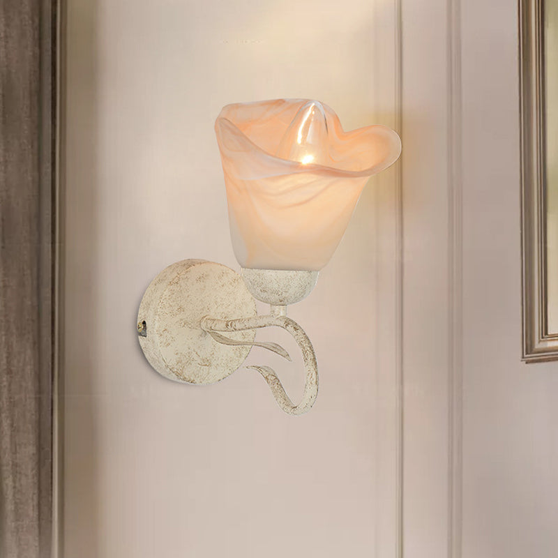 Frosted Glass Distressed White Sconce Floral Single Light Traditional Wall Mount Light with Round Backplate for Bedroom Clearhalo 'Wall Lamps & Sconces' 'Wall Lights' Lighting' 223901