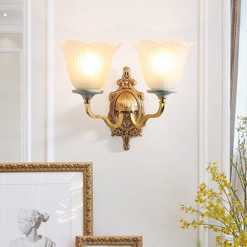 Milk Glass Brass Wall Lamp Carved Blossom 1/2-Light Vintage Wall Light Sconce with Wavy Arm for Porch Clearhalo 'Wall Lamps & Sconces' 'Wall Lights' Lighting' 223911