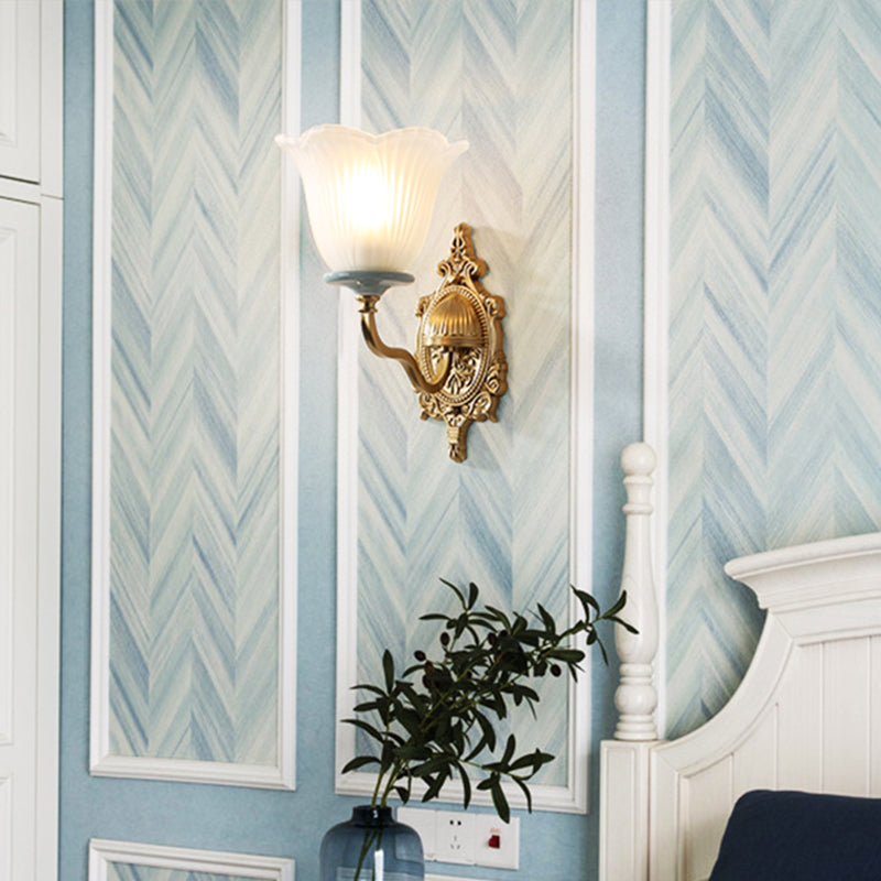 Milk Glass Brass Wall Lamp Carved Blossom 1/2-Light Vintage Wall Light Sconce with Wavy Arm for Porch 1.0 Brass Clearhalo 'Wall Lamps & Sconces' 'Wall Lights' Lighting' 223915