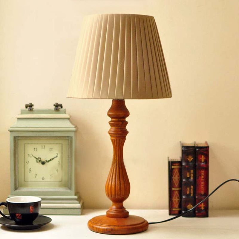 1 Light Barrel Shape Table Light Classic Brown Fabric Nightstand Lamp for Bedroom with Wood Base Brown Clearhalo 'Lamps' 'Table Lamps' Lighting' 223944