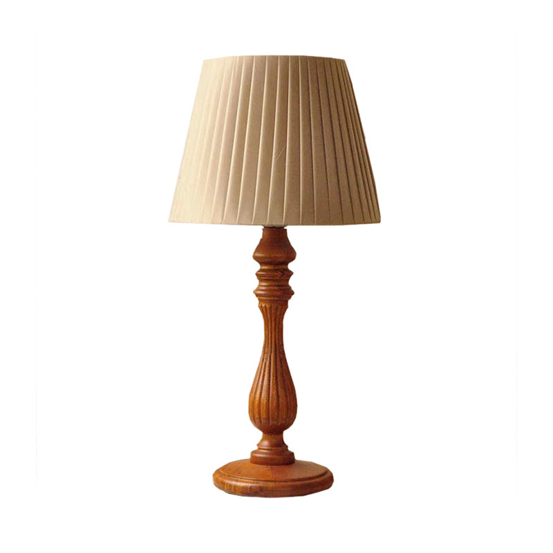 1 Light Barrel Shape Table Light Classic Brown Fabric Nightstand Lamp for Bedroom with Wood Base Clearhalo 'Lamps' 'Table Lamps' Lighting' 223946