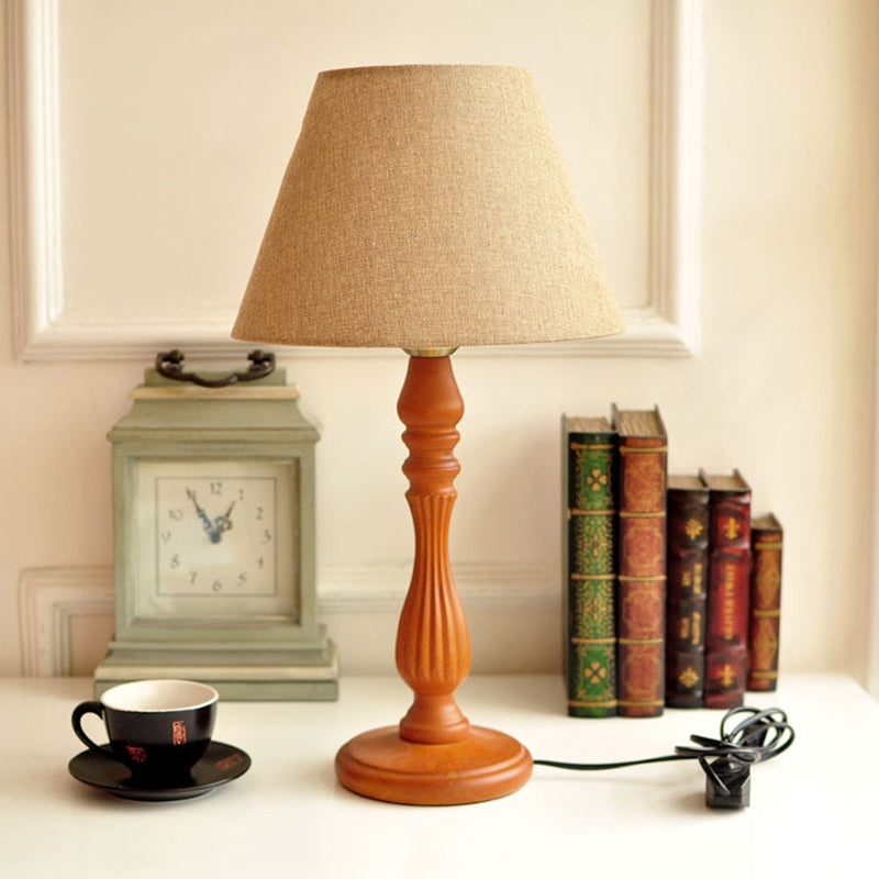 White/Flaxen/Beige Barrel Desk Lamp Traditional Fabric 1 Light Bedroom Reading Light with Wood Base Flaxen Clearhalo 'Lamps' 'Table Lamps' Lighting' 223974