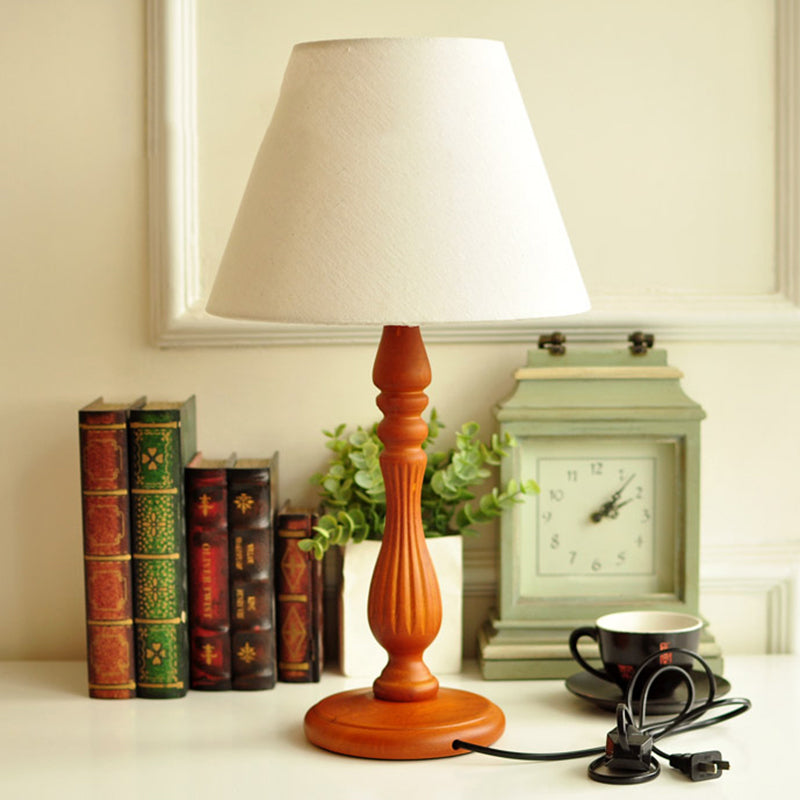White/Flaxen/Beige Barrel Desk Lamp Traditional Fabric 1 Light Bedroom Reading Light with Wood Base White Clearhalo 'Lamps' 'Table Lamps' Lighting' 223979