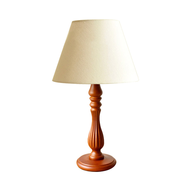 White/Flaxen/Beige Barrel Desk Lamp Traditional Fabric 1 Light Bedroom Reading Light with Wood Base Clearhalo 'Lamps' 'Table Lamps' Lighting' 223980