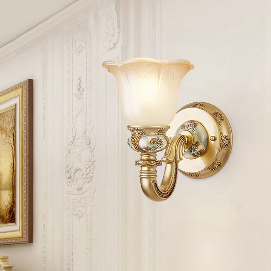 1 Bulb White Glass Wall Sconce Traditional Gold Floral Shade Dining Room Sconce Light with Arched Arm Clearhalo 'Wall Lamps & Sconces' 'Wall Lights' Lighting' 224002