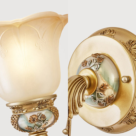 1 Bulb White Glass Wall Sconce Traditional Gold Floral Shade Dining Room Sconce Light with Arched Arm Clearhalo 'Wall Lamps & Sconces' 'Wall Lights' Lighting' 224005