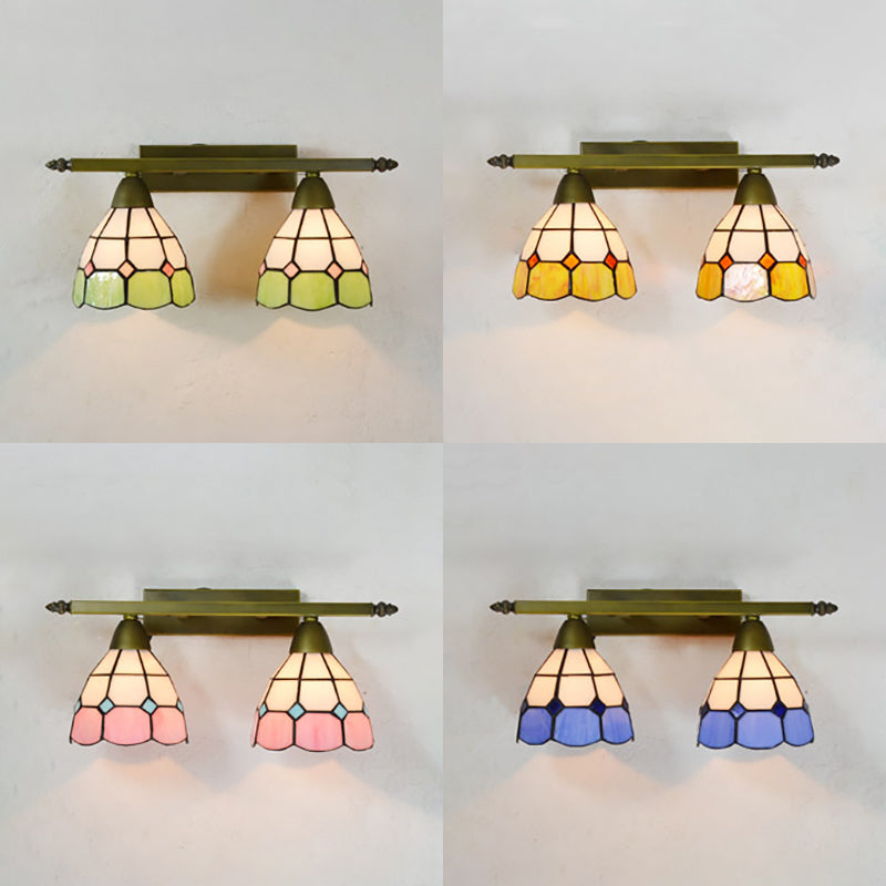 Stained Glass Domed Wall Lighting Tiffany Style 2 Heads Wall Sconce Light in Yellow/Pink/Green/Blue for Bedroom Clearhalo 'Industrial' 'Middle century wall lights' 'Tiffany wall lights' 'Tiffany' 'Wall Lamps & Sconces' 'Wall Lights' Lighting' 22403