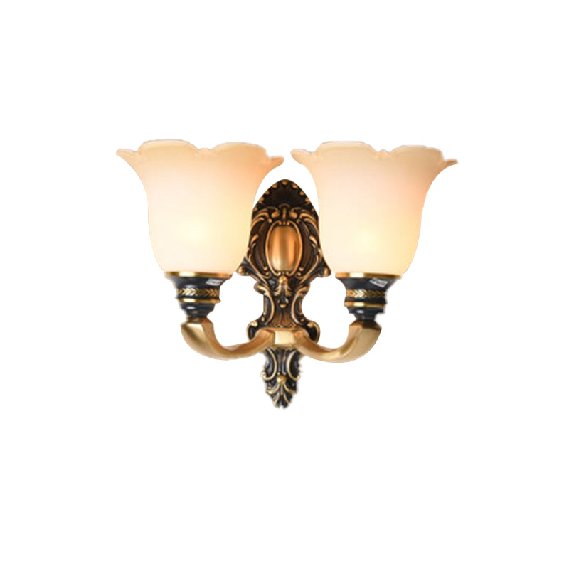 Floral Bedroom Wall Sconce Light Traditional White Glass 1/2-Light Brass Wall Lamp with Metal Curvy Arm Clearhalo 'Wall Lamps & Sconces' 'Wall Lights' Lighting' 224048