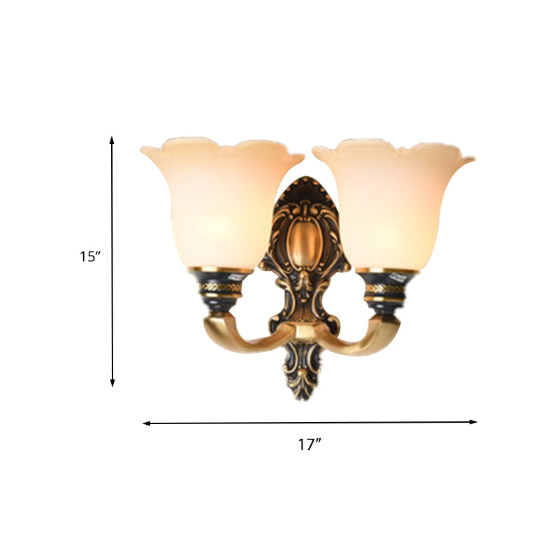 Floral Bedroom Wall Sconce Light Traditional White Glass 1/2-Light Brass Wall Lamp with Metal Curvy Arm Clearhalo 'Wall Lamps & Sconces' 'Wall Lights' Lighting' 224049