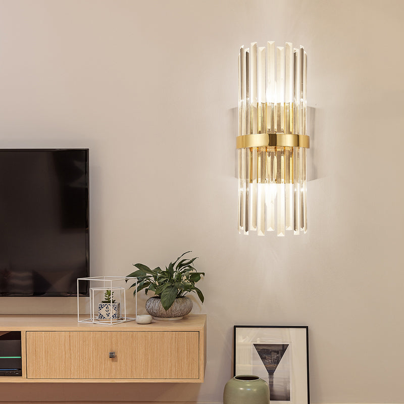 Cylinder Wall Mounted Lamp Contemporary Style Clear Crystal 2 Bulbs Golden Wall Lighting for Living Room Clearhalo 'Cast Iron' 'Glass' 'Industrial' 'Modern wall lights' 'Modern' 'Tiffany' 'Traditional wall lights' 'Wall Lamps & Sconces' 'Wall Lights' Lighting' 224077