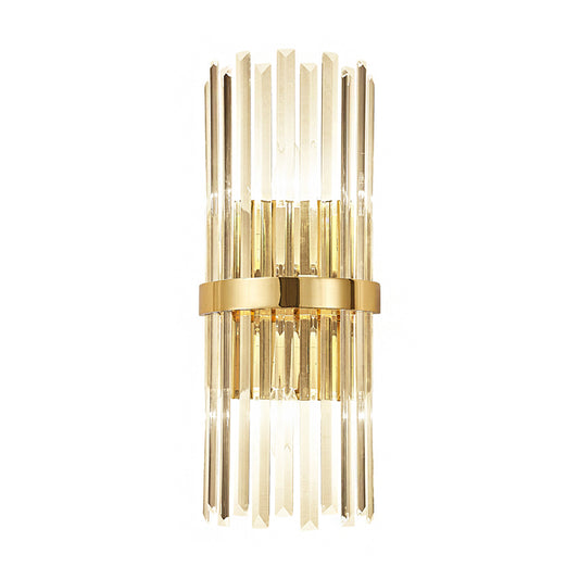 Cylinder Wall Mounted Lamp Contemporary Style Clear Crystal 2 Bulbs Golden Wall Lighting for Living Room Clearhalo 'Cast Iron' 'Glass' 'Industrial' 'Modern wall lights' 'Modern' 'Tiffany' 'Traditional wall lights' 'Wall Lamps & Sconces' 'Wall Lights' Lighting' 224078