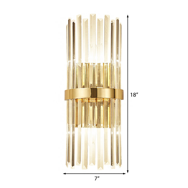Cylinder Wall Mounted Lamp Contemporary Style Clear Crystal 2 Bulbs Golden Wall Lighting for Living Room Clearhalo 'Cast Iron' 'Glass' 'Industrial' 'Modern wall lights' 'Modern' 'Tiffany' 'Traditional wall lights' 'Wall Lamps & Sconces' 'Wall Lights' Lighting' 224079