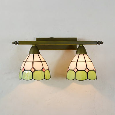 Stained Glass Domed Wall Lighting Tiffany Style 2 Heads Wall Sconce Light in Yellow/Pink/Green/Blue for Bedroom Green Clearhalo 'Industrial' 'Middle century wall lights' 'Tiffany wall lights' 'Tiffany' 'Wall Lamps & Sconces' 'Wall Lights' Lighting' 22408