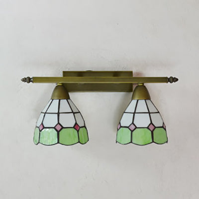 Stained Glass Domed Wall Lighting Tiffany Style 2 Heads Wall Sconce Light in Yellow/Pink/Green/Blue for Bedroom Clearhalo 'Industrial' 'Middle century wall lights' 'Tiffany wall lights' 'Tiffany' 'Wall Lamps & Sconces' 'Wall Lights' Lighting' 22409